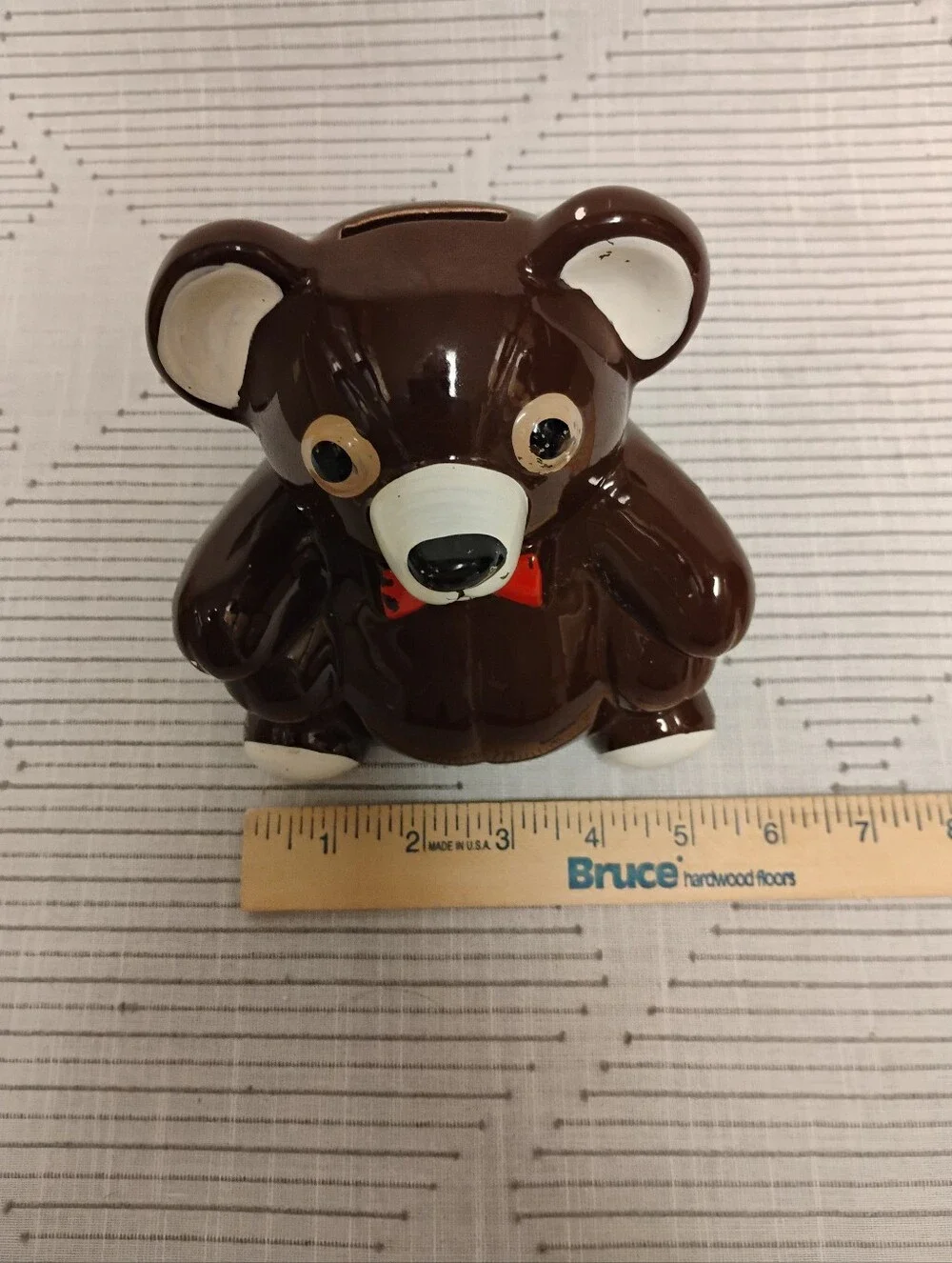 Vintage Brown Teddy Bear Ceramic Bank with Red Bow Made In Japan 70s